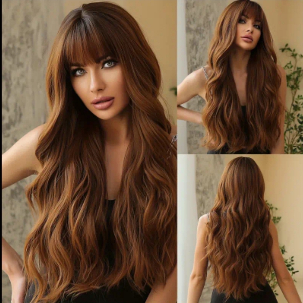 New 28in wig, long, redish brown wavy with bangs.